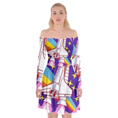 Badge Patch Pink Rainbow Rocket Off Shoulder Skater Dress by Salman4z