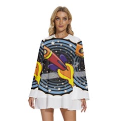 Rocket Space Clipart Illustrator Round Neck Long Sleeve Bohemian Style Chiffon Mini Dress by Salman4z