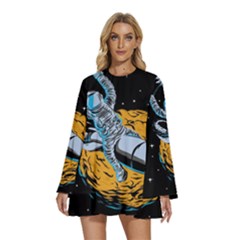 Astronaut Planet Space Science Round Neck Long Sleeve Bohemian Style Chiffon Mini Dress by Salman4z