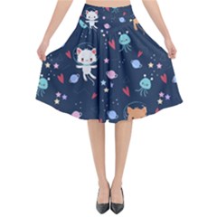 Cute Astronaut Cat With Star Galaxy Elements Seamless Pattern Flared Midi Skirt by Salman4z