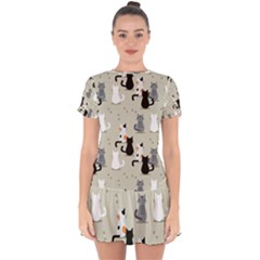 Cute Cat Seamless Pattern Drop Hem Mini Chiffon Dress by Salman4z