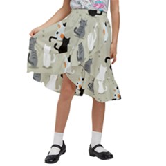 Cute Cat Seamless Pattern Kids  Ruffle Flared Wrap Midi Skirt by Salman4z