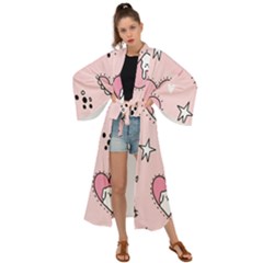 Cartoon Cute Valentines Day Doodle Heart Love Flower Seamless Pattern Vector Maxi Kimono by Salman4z