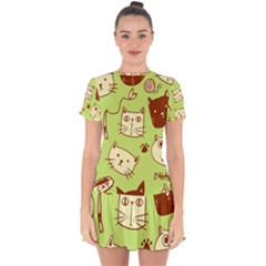 Cute Hand Drawn Cat Seamless Pattern Drop Hem Mini Chiffon Dress by Salman4z