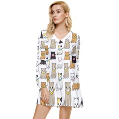 Cat Kitten Seamless Pattern Tiered Long Sleeve Mini Dress by Salman4z