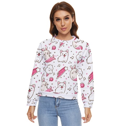 Cute Animal Seamless Pattern Kawaii Doodle Style Women s Long Sleeve Raglan Tee by Salman4z