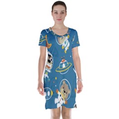 Seamless-pattern-funny-astronaut-outer-space-transportation Short Sleeve Nightdress by Salman4z