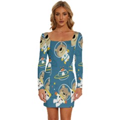 Seamless-pattern-funny-astronaut-outer-space-transportation Long Sleeve Square Neck Bodycon Velvet Dress by Salman4z