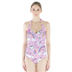 Beautiful-cute-animals-pattern-pink Halter Swimsuit by Salman4z