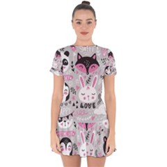 Big-set-with-cute-cartoon-animals-bear-panda-bunny-penguin-cat-fox Drop Hem Mini Chiffon Dress by Salman4z