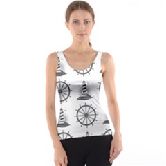 Marine Nautical Seamless Pattern With Vintage Lighthouse Wheel Tank Top by Salman4z