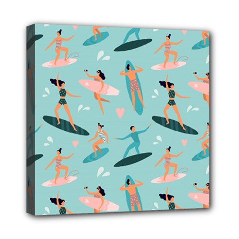 Beach-surfing-surfers-with-surfboards-surfer-rides-wave-summer-outdoors-surfboards-seamless-pattern- Mini Canvas 8  X 8  (stretched) by Salman4z