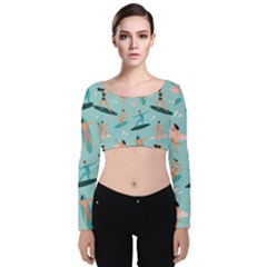 Beach-surfing-surfers-with-surfboards-surfer-rides-wave-summer-outdoors-surfboards-seamless-pattern- Velvet Long Sleeve Crop Top by Salman4z