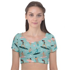 Beach-surfing-surfers-with-surfboards-surfer-rides-wave-summer-outdoors-surfboards-seamless-pattern- Velvet Short Sleeve Crop Top  by Salman4z