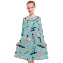 Beach-surfing-surfers-with-surfboards-surfer-rides-wave-summer-outdoors-surfboards-seamless-pattern- Kids  Midi Sailor Dress by Salman4z