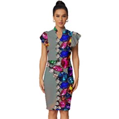 Colorful Diamonds Vintage Frill Sleeve V-neck Bodycon Dress by Sparkle