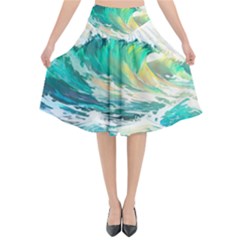 Waves Ocean Sea Tsunami Nautical Painting Flared Midi Skirt by Ravend