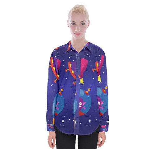 Cartoon-funny-aliens-with-ufo-duck-starry-sky-set Womens Long Sleeve Shirt by Salman4z