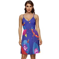 Cartoon-funny-aliens-with-ufo-duck-starry-sky-set V-neck Pocket Summer Dress  by Salman4z