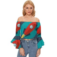 Rocket-with-science-related-icons-image Off Shoulder Flutter Bell Sleeve Top by Salman4z