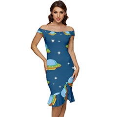 Seamless-pattern-ufo-with-star-space-galaxy-background Off Shoulder Ruffle Split Hem Bodycon Dress by Salman4z