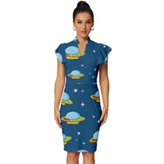 Seamless-pattern-ufo-with-star-space-galaxy-background Vintage Frill Sleeve V-neck Bodycon Dress by Salman4z