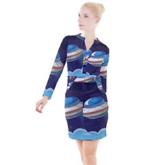 Ufo-alien-spaceship-galaxy Button Long Sleeve Dress by Salman4z