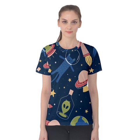 Seamless-pattern-with-funny-aliens-cat-galaxy Women s Cotton Tee by Salman4z