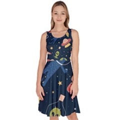 Seamless-pattern-with-funny-aliens-cat-galaxy Knee Length Skater Dress With Pockets by Salman4z