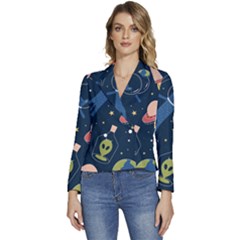 Seamless-pattern-with-funny-aliens-cat-galaxy Women s Long Sleeve Revers Collar Cropped Jacket by Salman4z