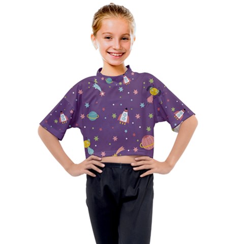 Space-travels-seamless-pattern-vector-cartoon Kids Mock Neck Tee by Salman4z