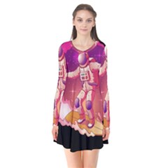 Astronaut-spacesuit-standing-surfboard-surfing-milky-way-stars Long Sleeve V-neck Flare Dress by Salman4z