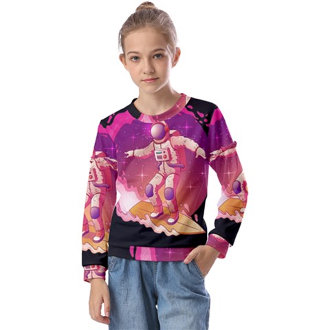 Astronaut-spacesuit-standing-surfboard-surfing-milky-way-stars Kids  Long Sleeve Tee With Frill  by Salman4z