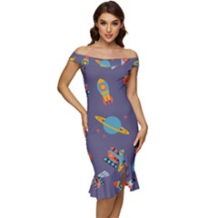 Space-seamless-pattern Off Shoulder Ruffle Split Hem Bodycon Dress by Salman4z