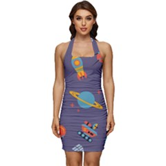 Space-seamless-pattern Sleeveless Wide Square Neckline Ruched Bodycon Dress by Salman4z