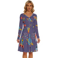 Space-seamless-pattern Long Sleeve Dress With Pocket by Salman4z