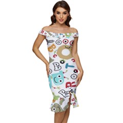 Seamless-pattern-vector-with-funny-robots-cartoon Off Shoulder Ruffle Split Hem Bodycon Dress by Salman4z