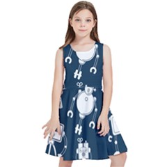 White-robot-blue-seamless-pattern Kids  Skater Dress by Salman4z