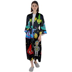 Seamless-pattern-with-space-objects-ufo-rockets-aliens-hand-drawn-elements-space Maxi Satin Kimono by Salman4z