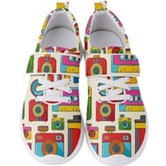 Retro-cameras-audio-cassettes-hand-drawn-pop-art-style-seamless-pattern Men s Velcro Strap Shoes by Salman4z