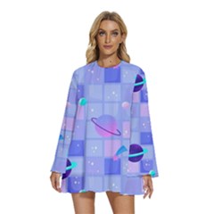 Seamless-pattern-pastel-galaxy-future Round Neck Long Sleeve Bohemian Style Chiffon Mini Dress by Salman4z