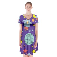 Card-with-lovely-planets Short Sleeve V-neck Flare Dress by Salman4z