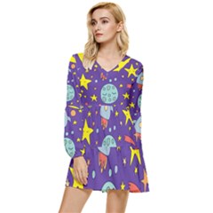 Card-with-lovely-planets Tiered Long Sleeve Mini Dress by Salman4z