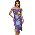 Card-with-lovely-planets Off Shoulder Ruffle Split Hem Bodycon Dress View1