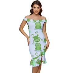 Cute-green-frogs-seamless-pattern Off Shoulder Ruffle Split Hem Bodycon Dress by Salman4z