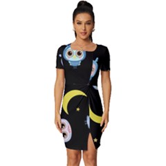 Cute-owl-doodles-with-moon-star-seamless-pattern Fitted Knot Split End Bodycon Dress by Salman4z