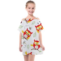 Seamless-pattern-vector-owl-cartoon-with-bugs Kids  One Piece Chiffon Dress by Salman4z