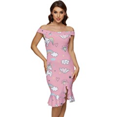 Cute-unicorn-seamless-pattern Off Shoulder Ruffle Split Hem Bodycon Dress by Salman4z