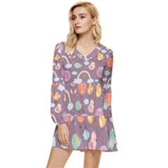 Cute-seamless-pattern-with-doodle-birds-balloons Tiered Long Sleeve Mini Dress by Salman4z