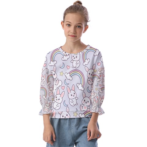 Seamless-pattern-with-cute-rabbit-character Kids  Cuff Sleeve Top by Salman4z